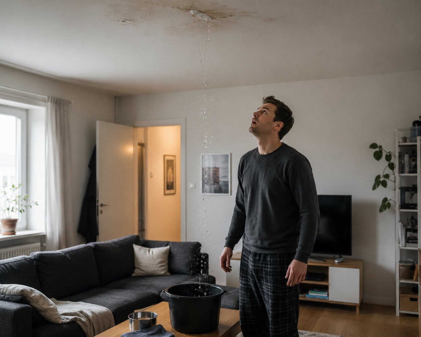 Regnskade efter regnvejr med et utæt tag lokale håndværkere